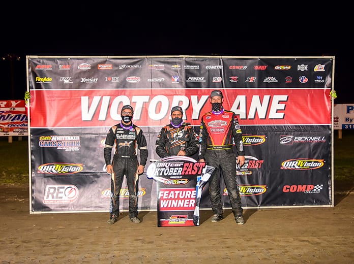 Anthony Perrego (center) earned his second Super DIRTcar Series OktoberFAST win of the week on Friday at Can-Am Speedway. (Tom Stevens Photo)