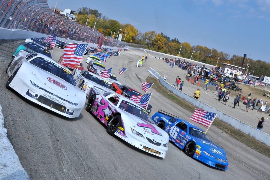 The three-wide parade lap prior to Sunday's 49th Winchester 400 at Winchester (Ind.) Speedway. (Randy Crist photo)