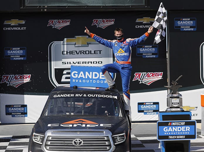 Raphael Lessard earned his first NASCAR Gander RV & Outdoors Truck Series victory Saturday at Talladega Superspeedway. (HHP/Andrew Coppley Photo)