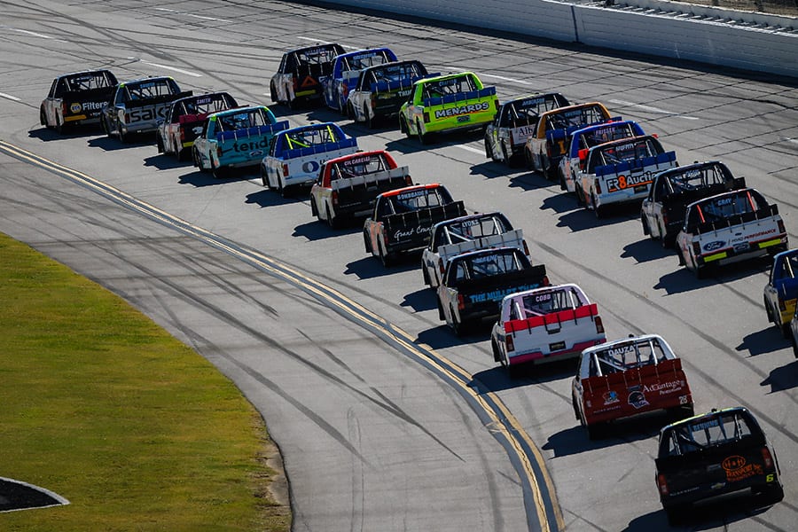 The pack races through the tri-oval during Saturday's Chevrolet Silverado 250 at Talladega Superspeedway. (HHP/Chris Owens Photo)
