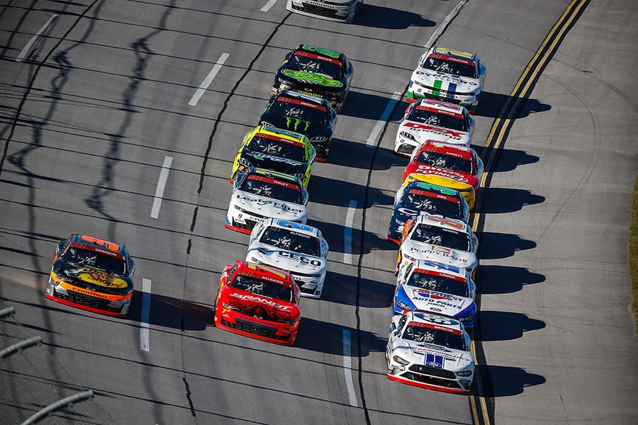 Chase Briscoe (98), Justin Allgaier (7) and Noah Gragson (9) lead the NASCAR Xfinity Series pack Saturday at Talladega Superspeedway. (HHP/Chris Owens Photo)