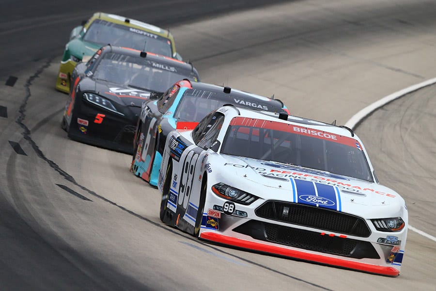 Chase Briscoe (98) leads a pack of cars during Saturday's NASCAR Xfinity Series race at Texas Motor Speedway. (HHP/Jim Fluharty Photo)