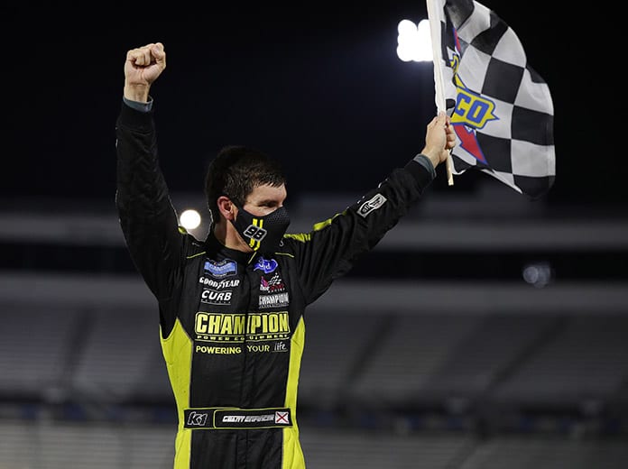Grant Enfinger celebrates after winning Friday's NASCAR Hall of Fame 200 at Martinsville Speedway. (HHP/Andrew Coppley Photo)