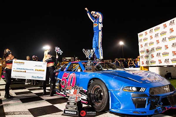 Trevor Huddleston celebrates after his victory in the Short Track Shootout Saturday at Madera Speedway. (Jason Wedehase Photo)