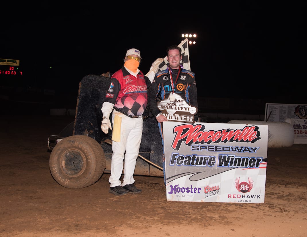 Scotty Farmer in victory lane at Placerville Speedway. (Devin Mayo photo)