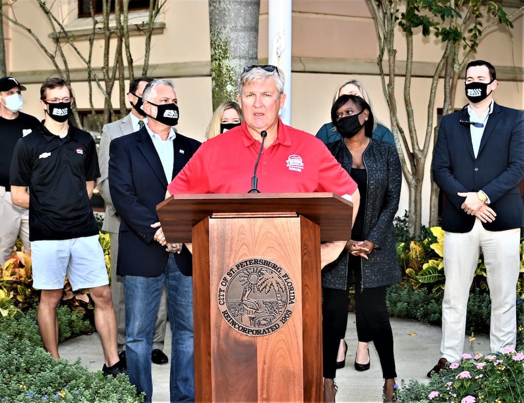 Kevin Savoree, promoter of the Firestone Grand Prix of St. Petersburg (center), and other officials gather for the announcement of Firestone's sponsorship extension of the event through 2023. (Al Steinberg photo)