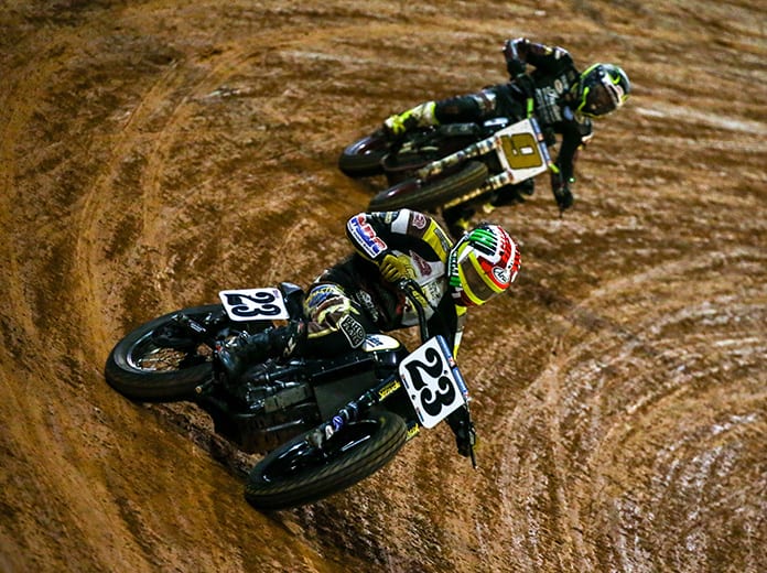 Jeffrey Carver Jr. (23) leads Jared Mees Friday at The Dirt Track at Charlotte. (AFT photo)
