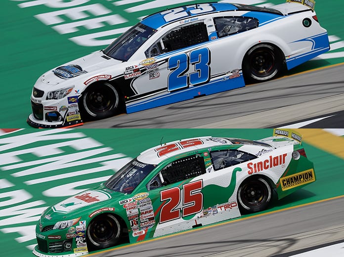 Bret Holmes (23) and Michael Self (25) will battle for the ARCA Menards Series championship tonight at Kansas Speedway. (HHP/Harold Hinson Photos)