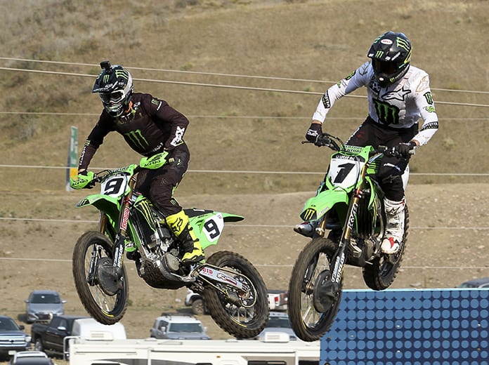 Eli Tomac (1) and Adam Cianciarulo (9) fly through the air during Saturday's Lucas Oil Pro Motocross event at Thunder Valley Motocross Park. (Don Holbrook Photo)