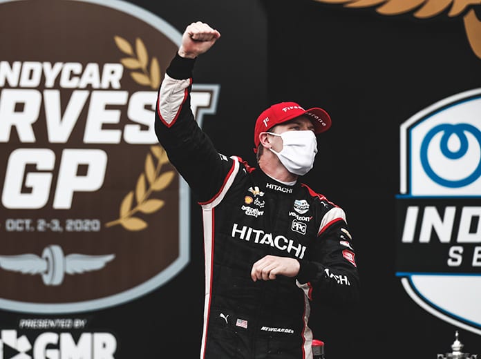 Josef Newgarden celebrates after winning the first race of the Harvest GP doubleheader at Indianapolis Motor Speedway on Friday. (IndyCar Photo)