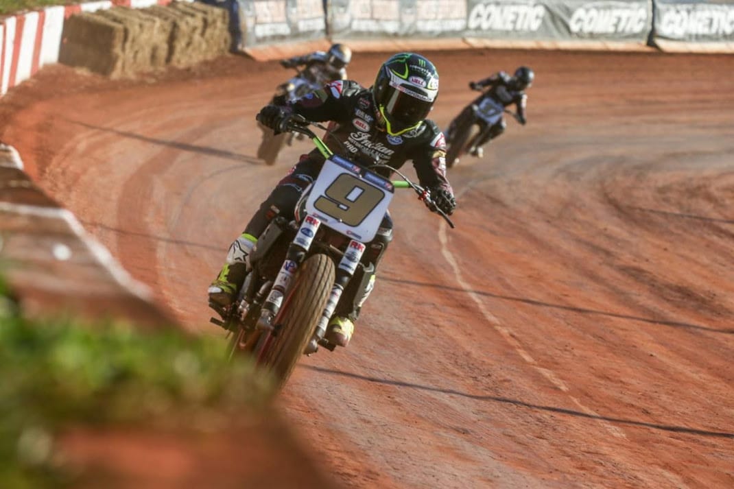Jared Mees (9) leads the American Flat Track field at Dixie Speedway. (AFT photo)