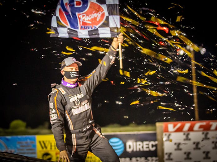 Tim Fuller celebrates his 358 Modified victory Friday night at Can-Am Speedway. (Ryan Hill Photo)
