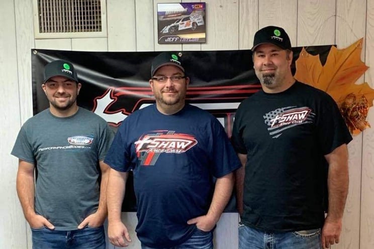 Jon Courchaine (center) of Sniper Speedway with Jason Wilkey (right) and Travis Mosley (left) of Shaw Race Cars.