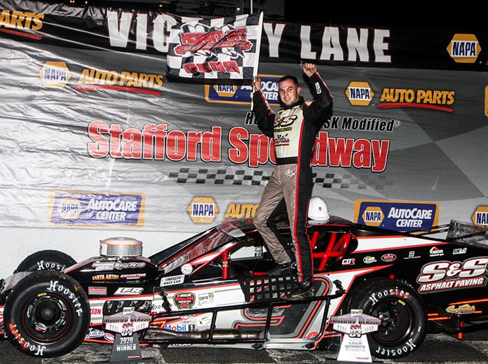 Chase Dowling banked $10,000 for winning the Tri Track Open Modified Series feature Saturday at Stafford Motor Speedway. (Dick Ayers Photo)