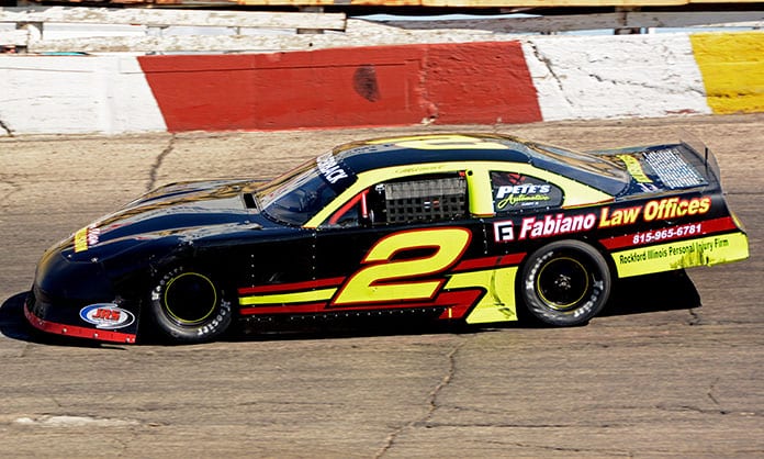 Michael Bilderback and his No. 2 on their way to winning the 108-lap Big 8 Series stock car race at Illinois’ Rockford Speedway Sunday afternoon. (Stan Kalwasinski Photo)