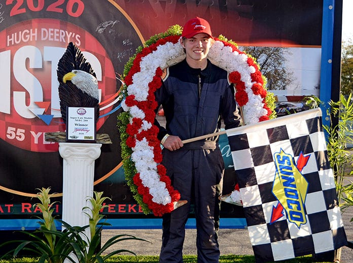 Young Max Kahler on the victory podium after he won the 55th annual National Short Track Championships late model stock car race at Illinois’ Rockford Speedway Sunday afternoon. (Stan Kalwasinski Photo)