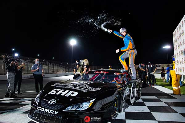 Buddy Shepherd celebrates his third title at Madera Speedway on Saturday night. (Jason Wedehase photo)