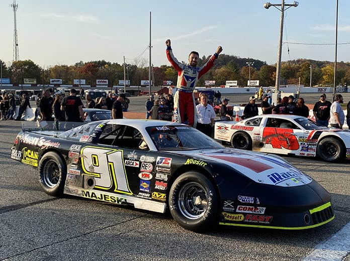Ty Majeski celebrates his third victory in the Oktoberfest 200 at LaCrosse Fairgrounds Speedway.