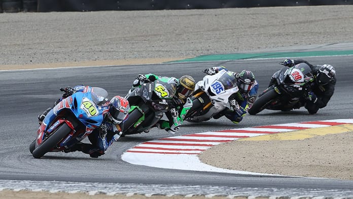 Sean Dylan Kelly (40) leads Richie Escalante (54), J.D. Beach (195) and Cory Ventura (28) in Supersport action from WeatherTech Raceway Laguna Seca on Sunday. (Brian J. Nelson Photo)
