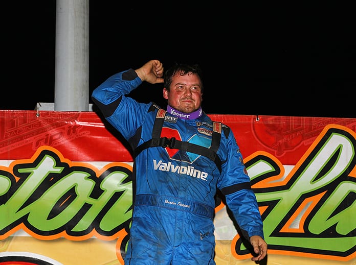 Brandon Sheppard celebrates after winning Sunday's MARS Racing Series feature at LaSalle Speedway. (Mike Ruefer Photo)