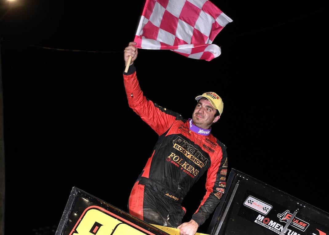 Aaron Reutzel in victory lane at Fremont Speedway. (Frank Smith photo)