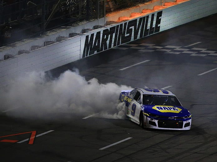 Chase Elliott celebrates with a burnout after his win in Sunday's Xfinity 500 at Martinsville Speedway. (HHP/Jim Fluharty Photo)