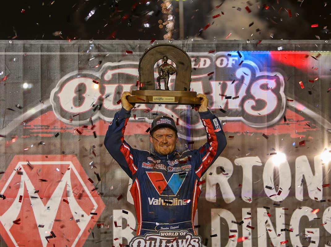 Brandon Sheppard after winning his third World of Outlaws Morton Buildings Late Model Series title. (Adam Fenwick Photo)