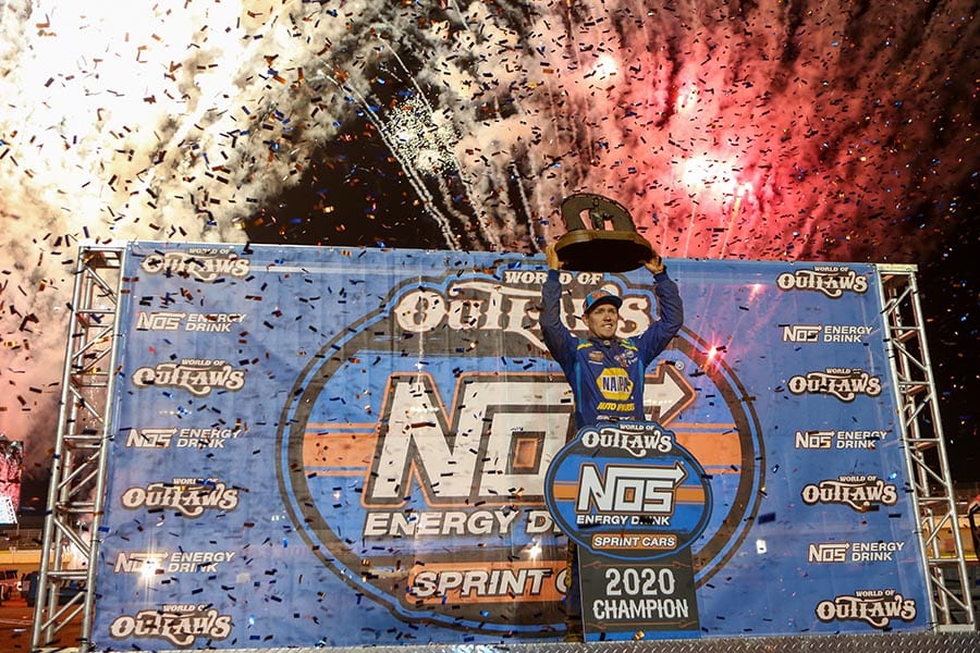 Brad Sweet celebrates after claiming his second-straight World of Outlaws NOS Energy Drink Sprint Car Series title Saturday at The Dirt Track at Charlotte. (Adam Fenwick Photo)
