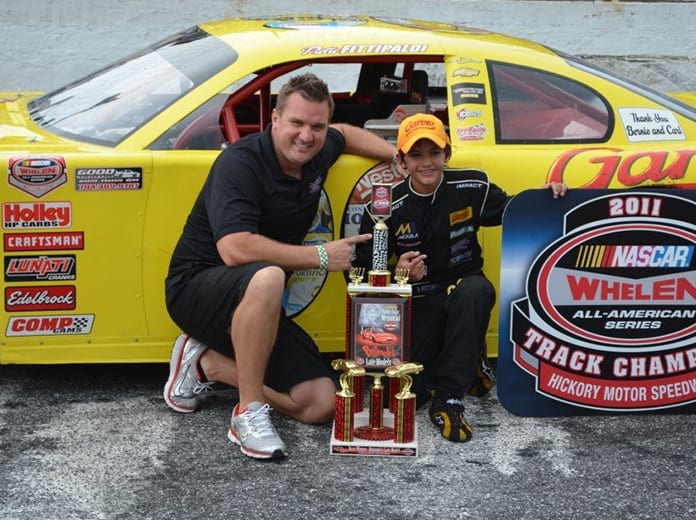 Pietro Fittipaldi (right) poses with Lee Faulk Racing's Michael Faulk after winning the 2011 Hickory Motor Speedway limited late model track title. (NASCAR/Hickory Motor Speedway Photo)