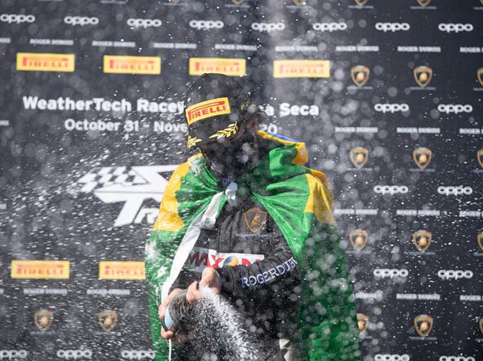 Sergio Jimenez celebrates his second Lamborghini Super Trofeo North America victory in as many days Sunday at WeatherTech Raceway Laguna Seca. (Jamey Price Photo)