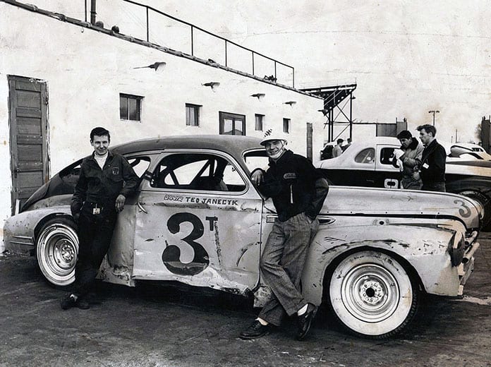 Ted Janecyk (right) and Bill Koenig pose next to Janecyk’s ’41 Buick at Raceway Park in 1953. (Johnnie Salamon Photo)