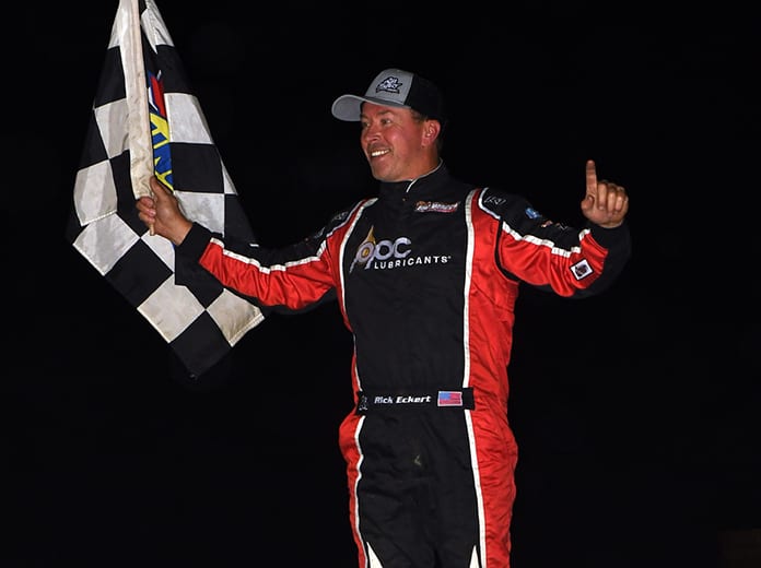 Rick Eckert celebrates after winning a super late model feature Saturday at Georgetown Speedway. (Rich Kepner Photo)