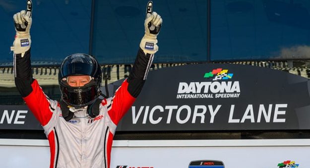 Michael Carter celebrates his Mazda MX-5 Cup victory Friday at Daytona Int'l Speedway.