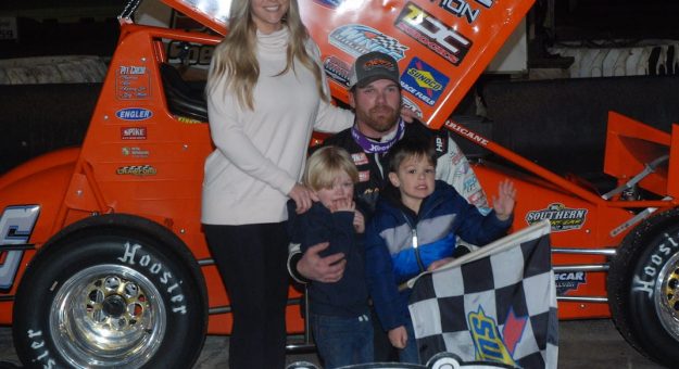 Troy DeCaire and his family in victory lane at 417 Speedway in Florida. (David Sink photo)