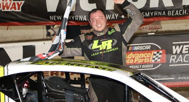 Patrick Emerling celebrates his victory in the Tour-Type Modified feature Tuesday at New Smyrna Speedway. (Jim DuPont Photo)