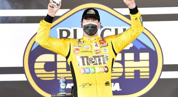Kyle Busch in victory lane after winning the Busch Clash on Tuesday evening. (Toyota Photo)