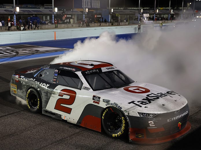 Myatt Snider celebrates with a burnout after his victory Saturday at Homestead-Miami Speedway. (Michael Reaves/Getty Images Photo)