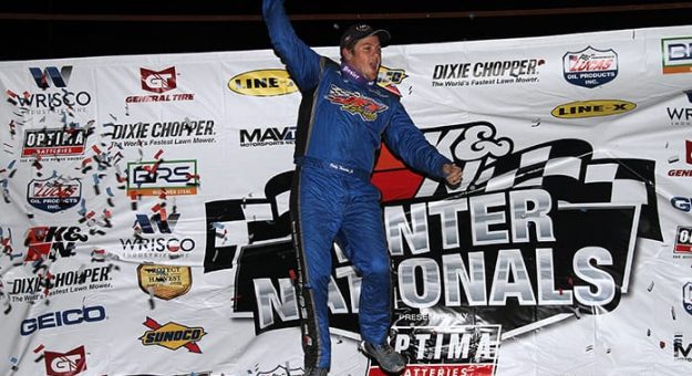 Ricky Thornton Jr. celebrates after his Lucas Oil Late Model Dirt Series triumph on Monday at Bubba Raceway Park. (Jim Denhamer Photo)