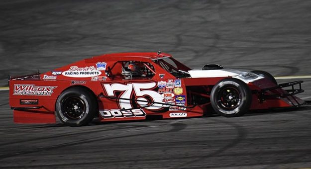 Jeremy Doss on his way to winning the SPEARS Manufacturing Modified Series feature Saturday at Irwindale Speedway. (Steve Himelstein Photo)