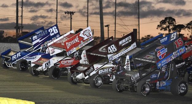 The field for Sunday's World of Outlaws NOS Energy Drink Sprint Car Series event prepares to go racing at Volusia Speedway Park. (Frank Smith Photo)