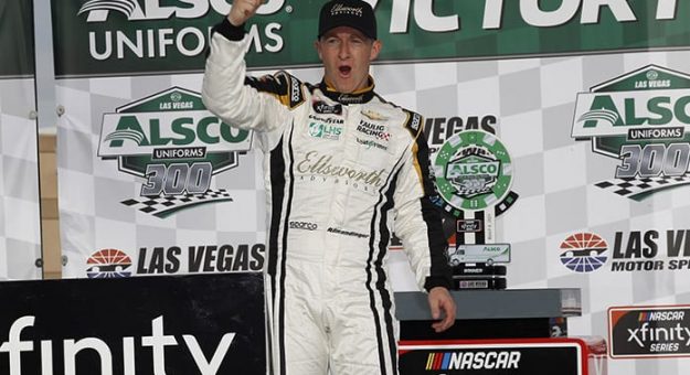 A.J. Allmendinger celebrates his victory Saturday at Las Vegas Motor Speedway. (HHP/Harold Hinson Photo)