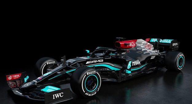 The Mercedes-AMG F1 W12 E Performance race car that will contest the 2021 Formula One schedule with drivers Lewis Hamilton and Valtteri Bottas.