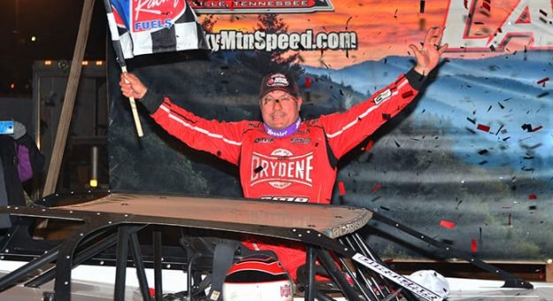 Chris Madden celebrates after winning Saturday's World of Outlaws Morton Buildings Late Model Series feature at Smoky Mountain Speedway. (Michael Moats Photo)