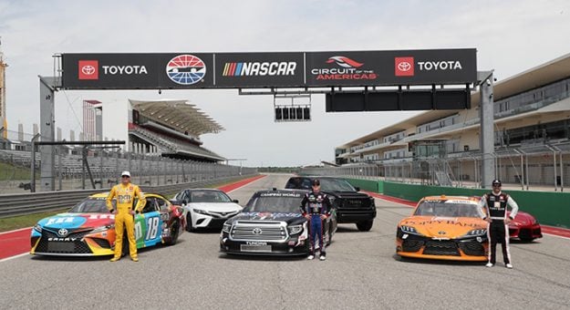 (Left to right) Toyota Racing drivers Kyle Busch (Cup), John Hunter Nemechek (Truck) and Daniel Hemric (Xfinity) pose for a photo alongside their Toyota stock cars and production vehicles at Circuit of The Americas in advance of next month's inaugural NASCAR at COTA race weekend. (CMS/HHP photo)