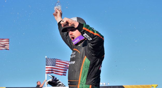 Josh Berry celebrates in victory lane Sunday at Orange County Speedway. (Jacob Seelman photo)