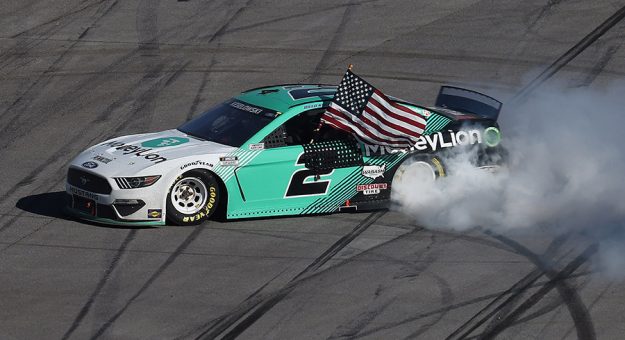 Brad Keselowski's victory at Talladega Superspeedway was the 100th for the No. 2 in NASCAR Cup Series competition. (James Gilbert/Getty Images)