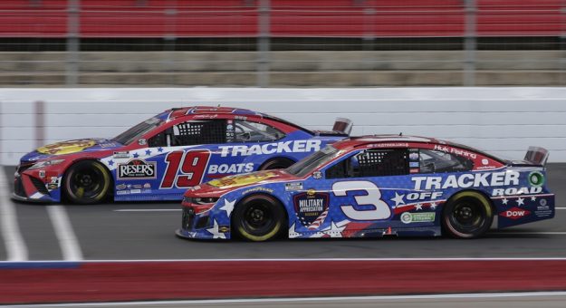 #19: Martin Truex Jr., Joe Gibbs Racing, Toyota Camry Bass Pro Shops Red White Blue and #3: Austin Dillon, Richard Childress Racing, Chevrolet Camaro Bass Pro Shops / TRACKER Off Road during the NASCAR Cup Series Coca-Cola 600 at Charlotte Motor Speedway in Concord, N.C., May 30, 2021.  (HHP/Alan Marler)