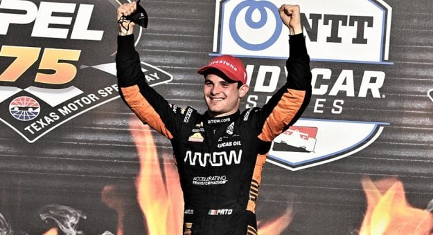 Pato O'Ward celebrates in victory lane after winning Sunday at Texas Motor Speedway. (Al Steinberg photo)