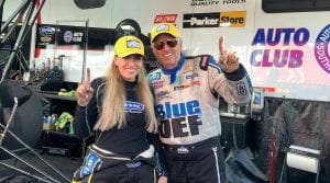Brittany Force (left) and John Force (right) were the top qualifiers in Top Fuel and Funny Car at the Four-Wide Nationals. 