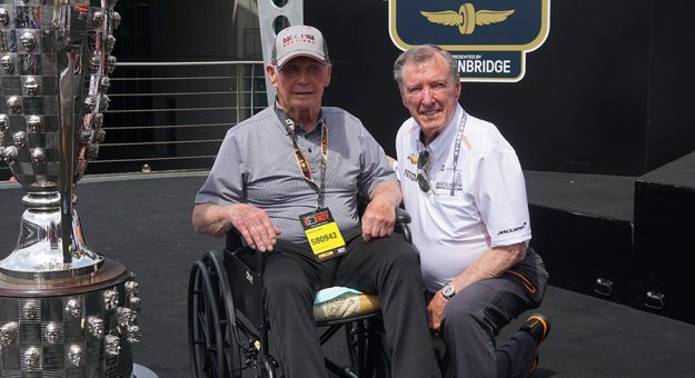 Parnelli Jones (left) poses with Johnny Rutherford in Victory Circle Thursday at Indianapolis Motor Speedway. (Bruce Martin Photo)